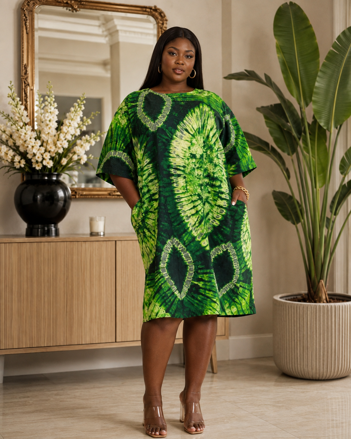 Oversized Green Tye-dye Knee Length Summer Shift Dress