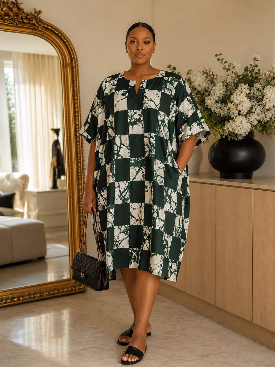 Oversized Green African Tie Dye Checkerboard Kaftan Shift Dress UK 8–14