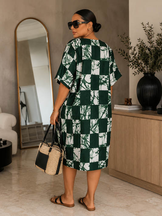 Oversized Green African Tie Dye Checkerboard Kaftan Shift Dress UK 8–14