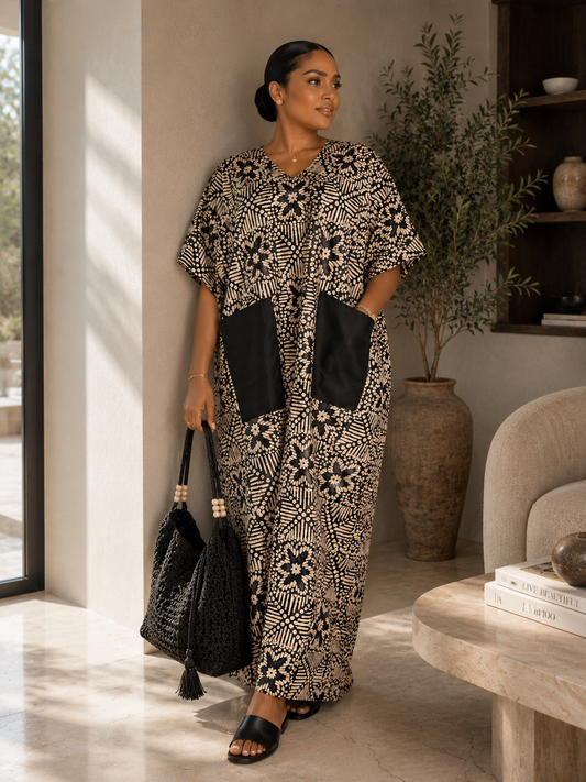 Oversized African Kampala Maxi Kaftan Dress with Pockets – Brown & Cream Length 58inches