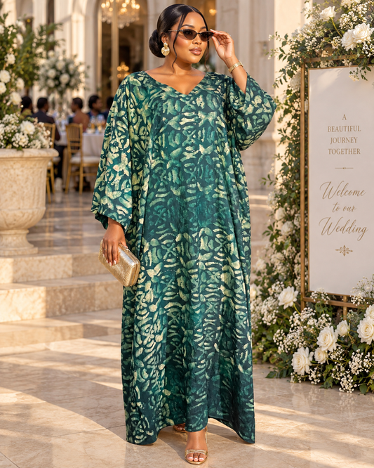 Oversized Green African Tie-Dye Boubou Kaftan Maxi Dress Summer Size 12-16