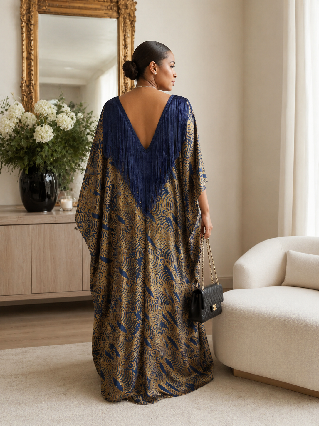 Luxury Navy Fringe African Boubou Maxi Dress – Rich Aunty Kaftan for Women Size 8- 16