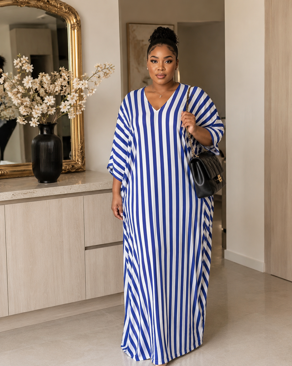GWB Luxe Striped Maxi Kaftan BouBou Silk Summer Dress Size 8-16 - Black