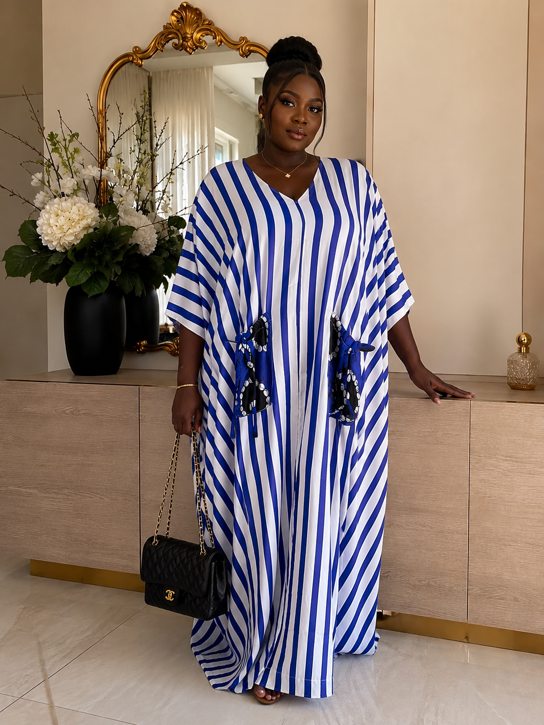 GWB Luxe Striped Maxi Kaftan BouBou Silk Dress With Pocket – Blue