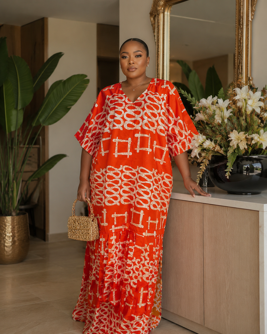 Orange Abstract Print Open Back Oversized Maxi Dress BouBou Kaftan