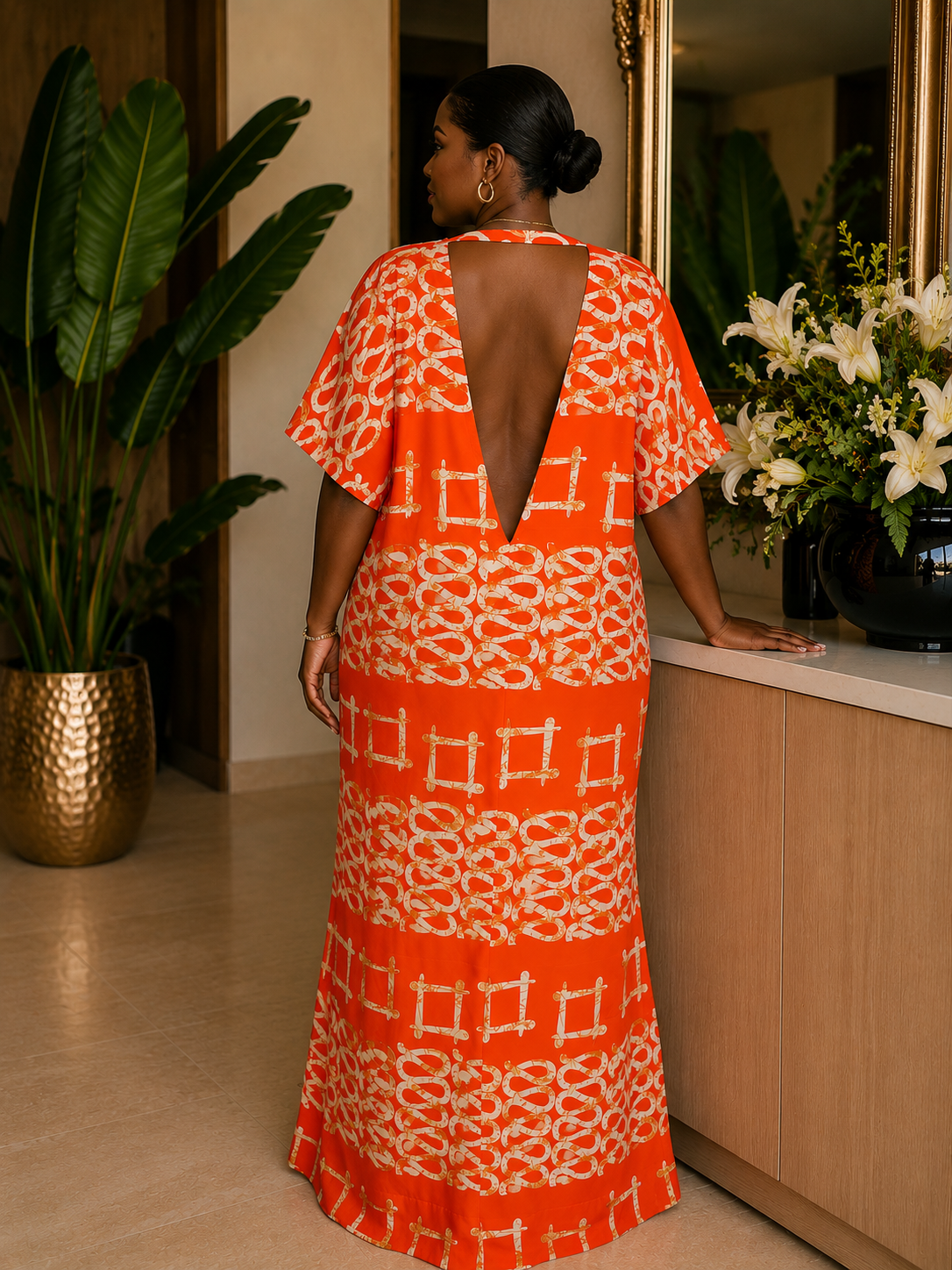 Orange Abstract Print Open Back Oversized Maxi Dress BouBou Kaftan