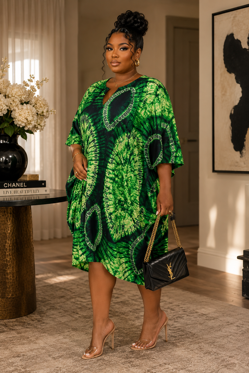 Oversized Green Tye-dye Knee Length Summer Shift Dress