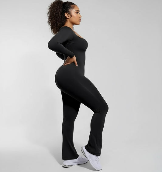 Sculpt Me Cinch Waist Flared Leg Seamless Long Sleeves Jumpsuit Black
