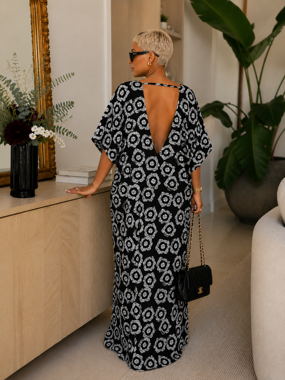 Abstract Square Print Open Back Oversized Maxi Dress BouBou Kaftan