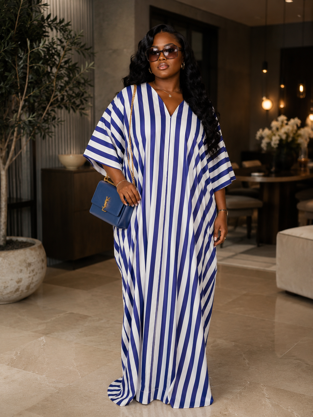 GWB Luxe Striped Maxi Kaftan BouBou Silk Summer Dress Size 8-16 - Black