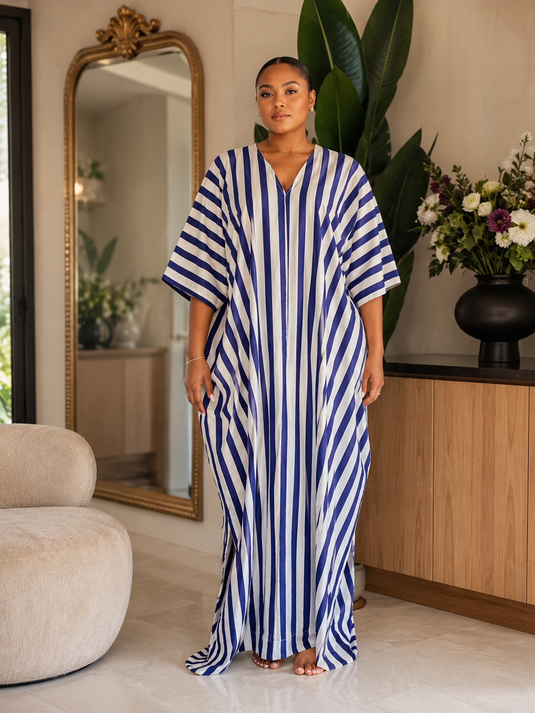 GWB Luxe Striped Maxi Kaftan BouBou Silk Summer Dress Size 8-16 - Black