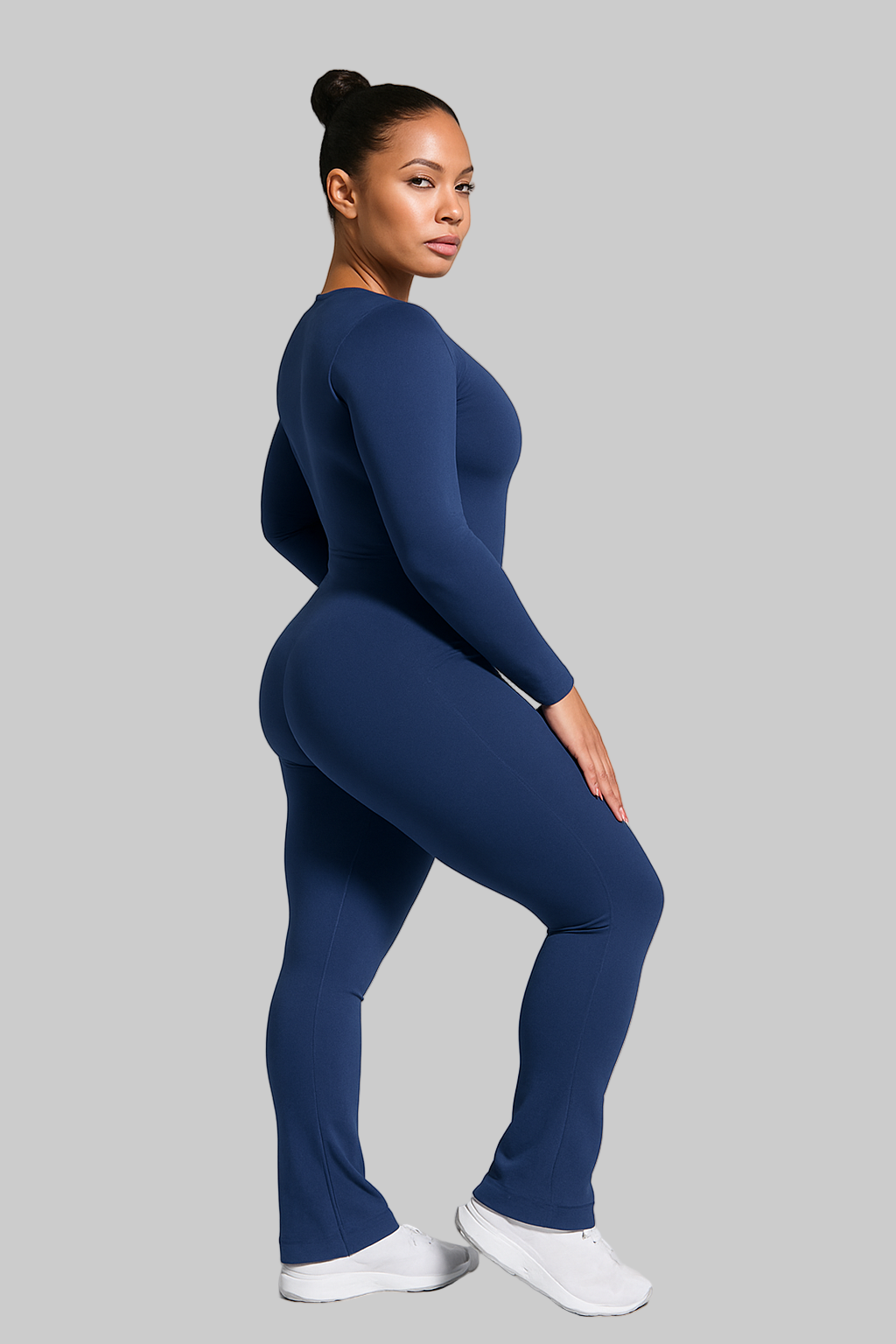 Sculpt Me Cinch Waist Flared Leg Seamless Long Sleeves Jumpsuit Black