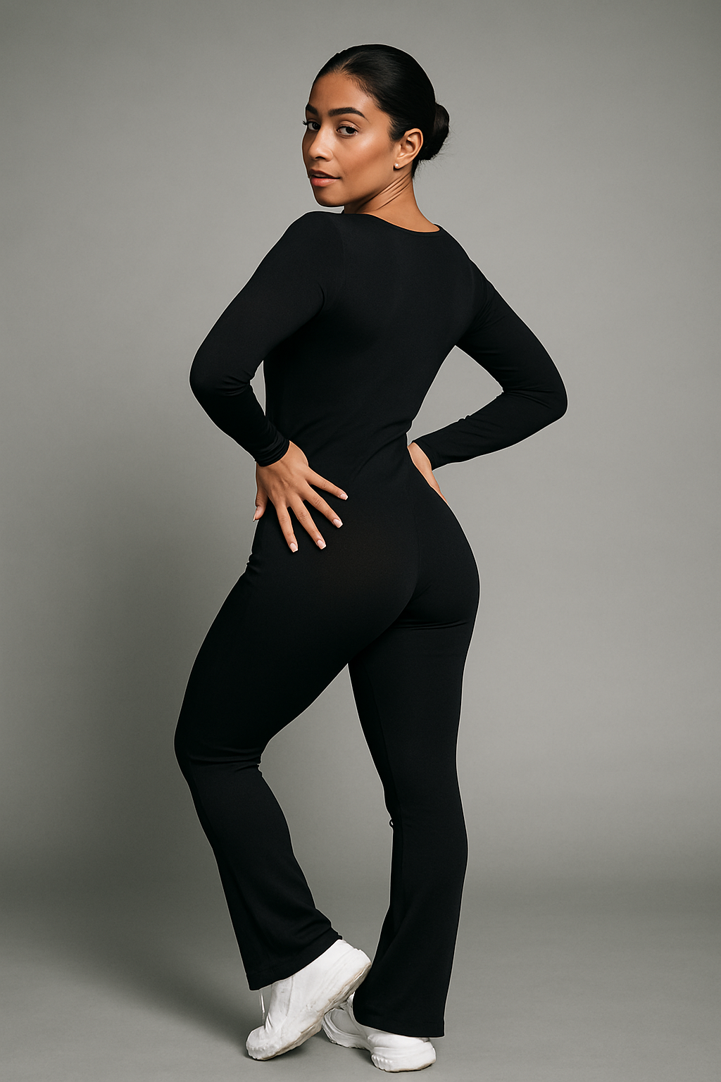 Sculpt Me Cinch Waist Flared Leg Seamless Long Sleeves Jumpsuit Black