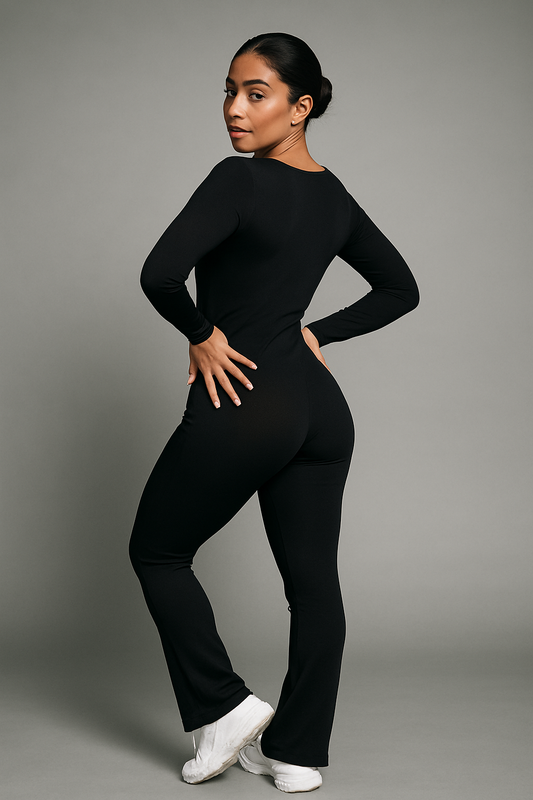 Sculpt Me Cinch Waist Flared Leg Seamless Long Sleeves Jumpsuit- Navy Blue