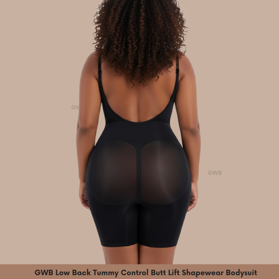 Black shapewear bodysuit worn by a model on a beige background
