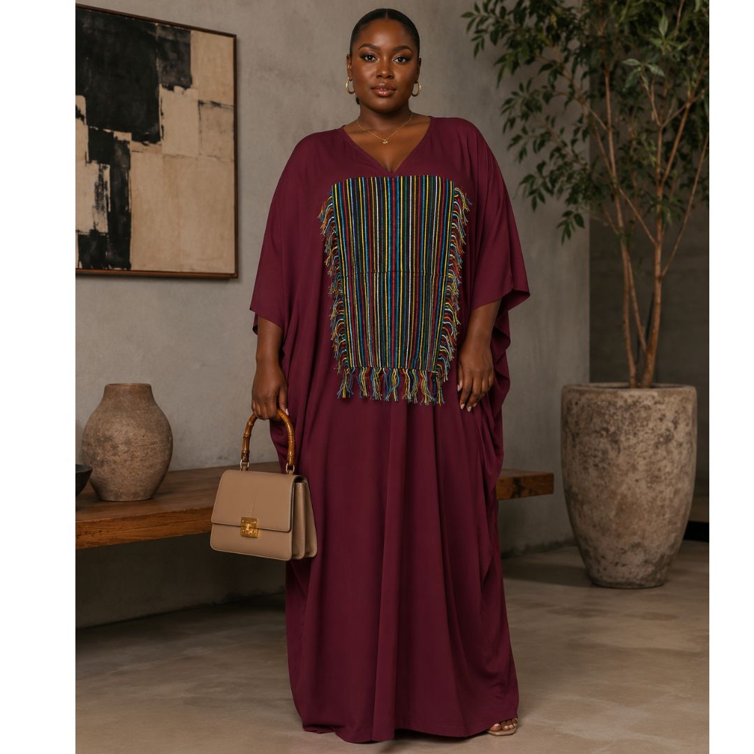 Burgundy Aso-Oke Fringe Maxi Boubou Kaftan Dress | Elegant Oversized Occasion Wear Size 8-16