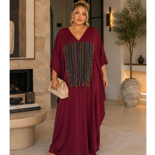 Burgundy Aso-Oke Fringe Maxi Boubou Kaftan Dress | Elegant Oversized Occasion Wear Size 8-16