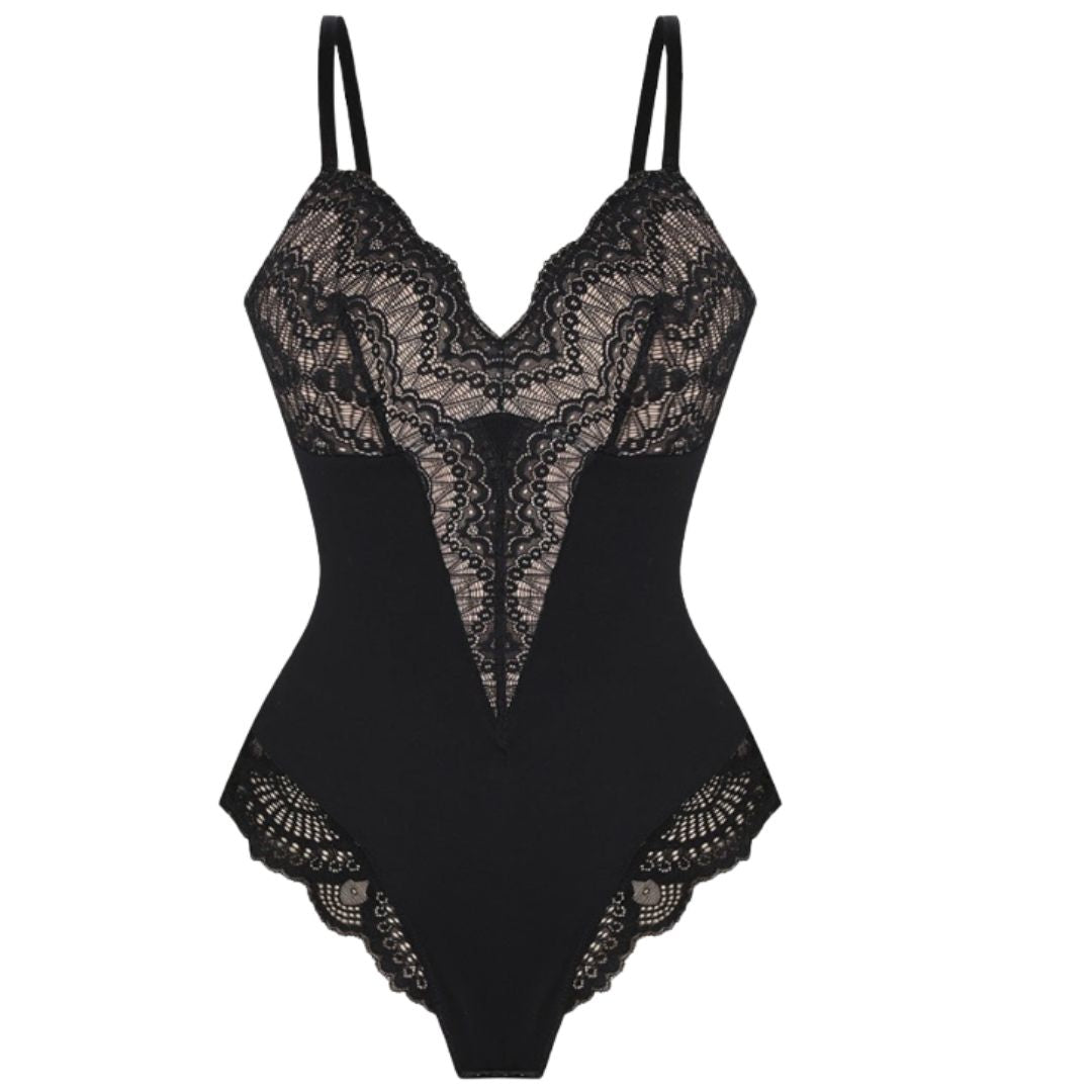 Lace- Trimmed Bodysuit In Crimson Romance Black