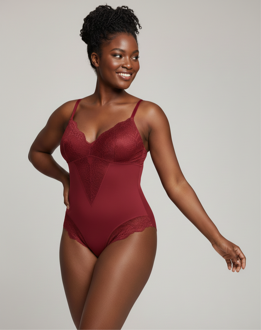 Date Night Lace- Trimmed Bodysuit In Crimson Romance Red