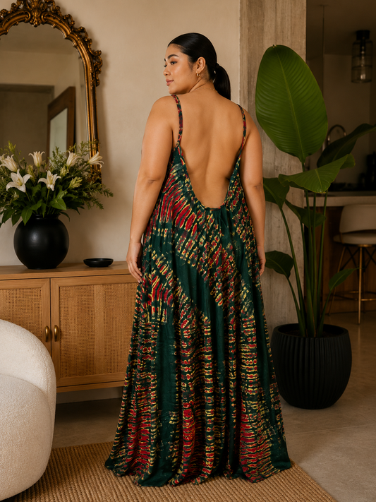 Emerald African Adire Maxi Dress – One Size (8-16) Multicolour Tie-Dye Print, Open Back, Strappy Cami, Tiered Hem with Pockets