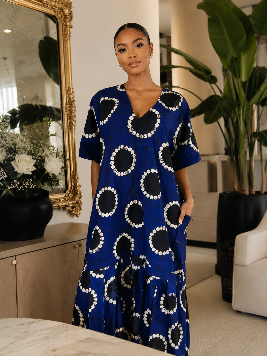 Royal Blue Abstract Print Open Back Oversized Maxi Dress BouBou Kaftan