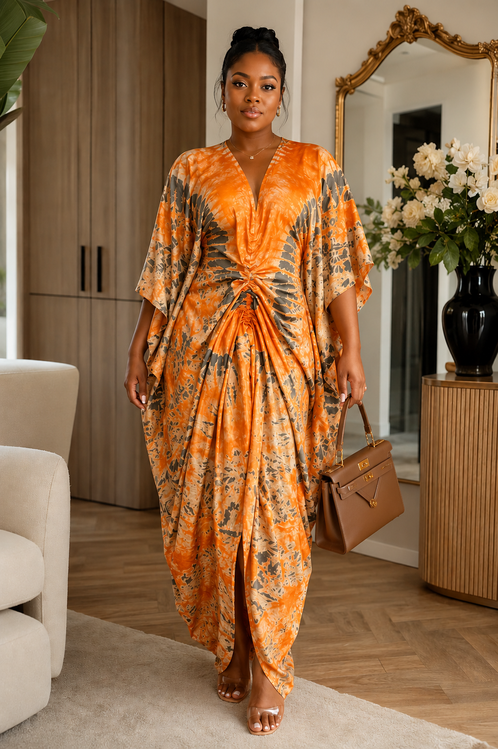 Sunset Muse Ruched African Kaftan BouBou Maxi Dress
