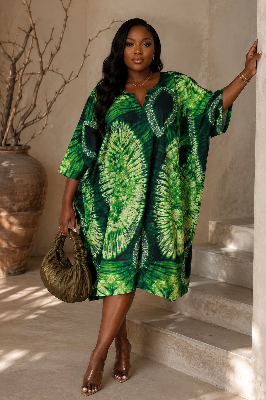 Oversized Green Tye-dye Knee Length Summer Shift Dress