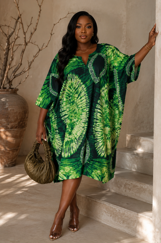 Oversized Green Tye-dye Knee Length Summer Shift Dress