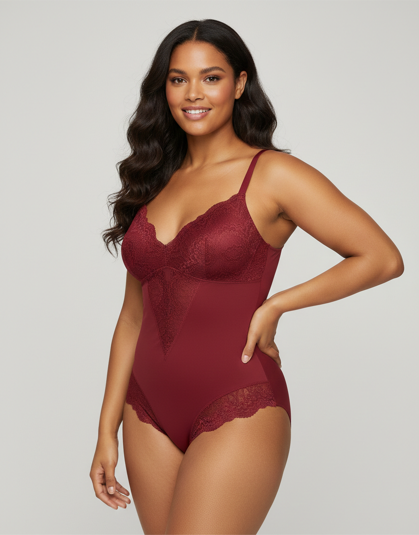 Date Night Lace- Trimmed Bodysuit In Crimson Romance Red