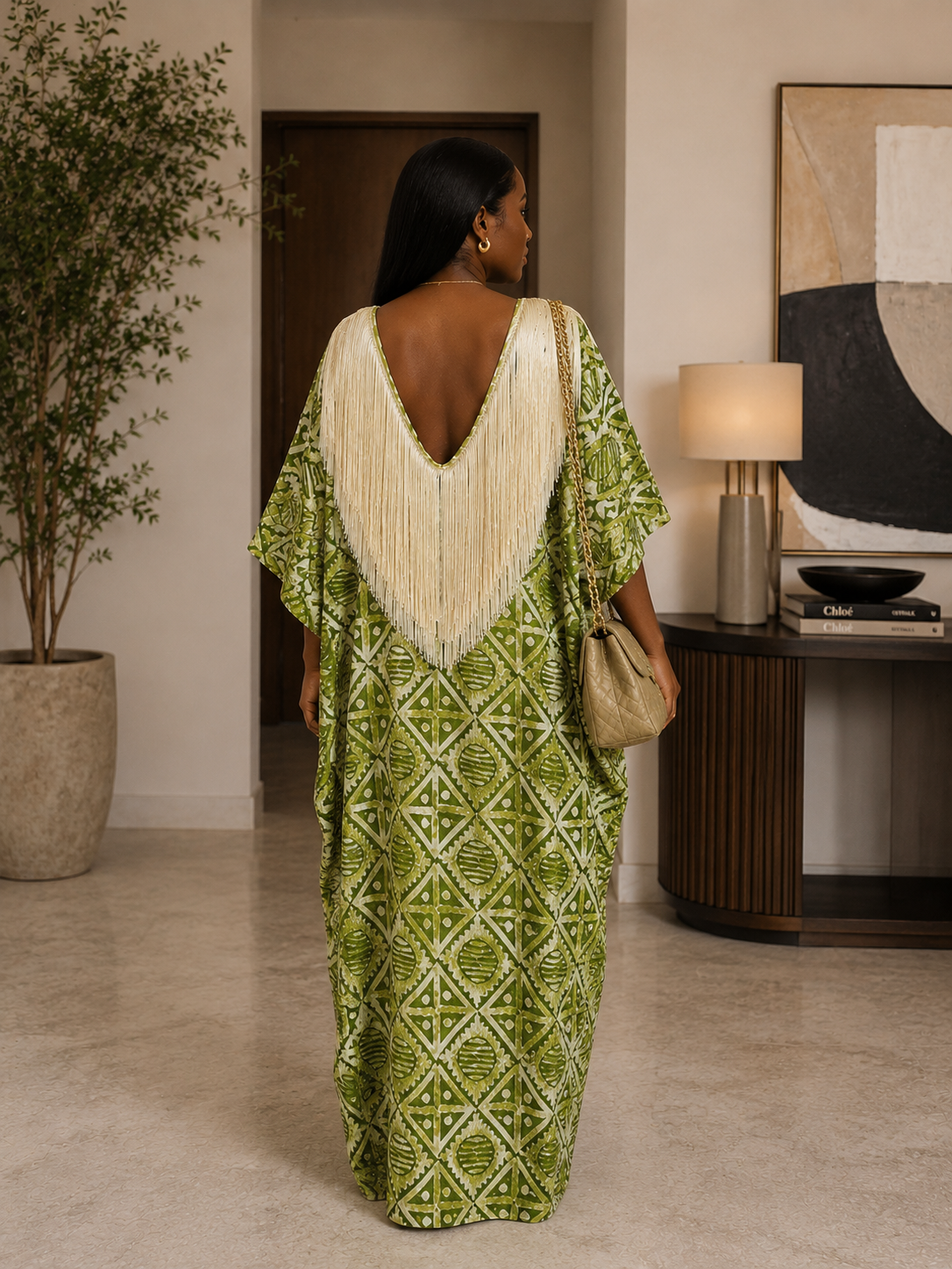 Luxury Green Fringe African Boubou Maxi Dress – Rich Aunty Kaftan for Women Size 8- 16
