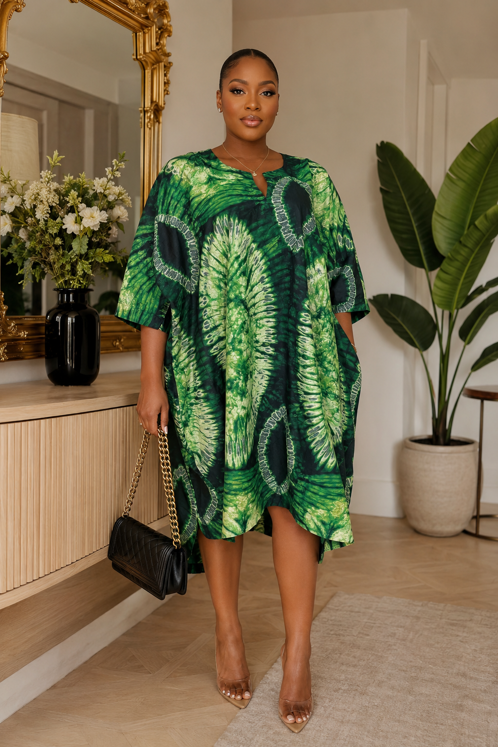 Oversized Green Tye-dye Knee Length Summer Shift Dress