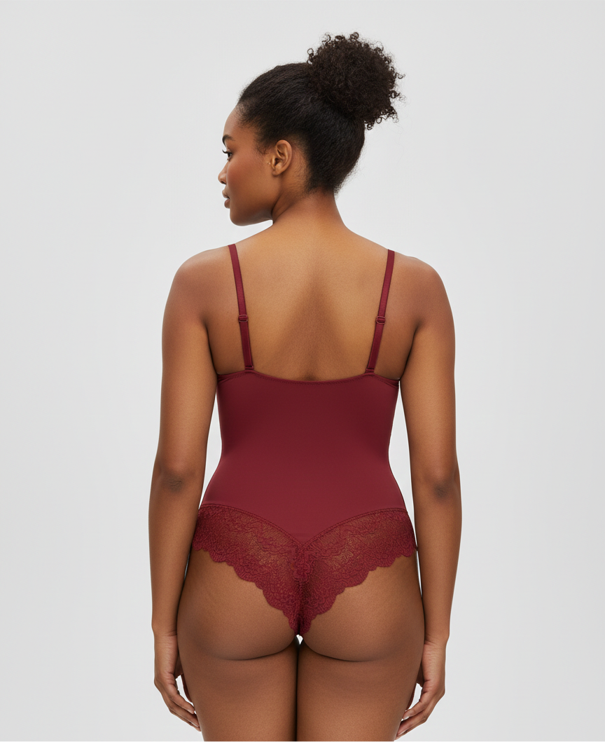 Date Night Lace- Trimmed Bodysuit In Crimson Romance Red