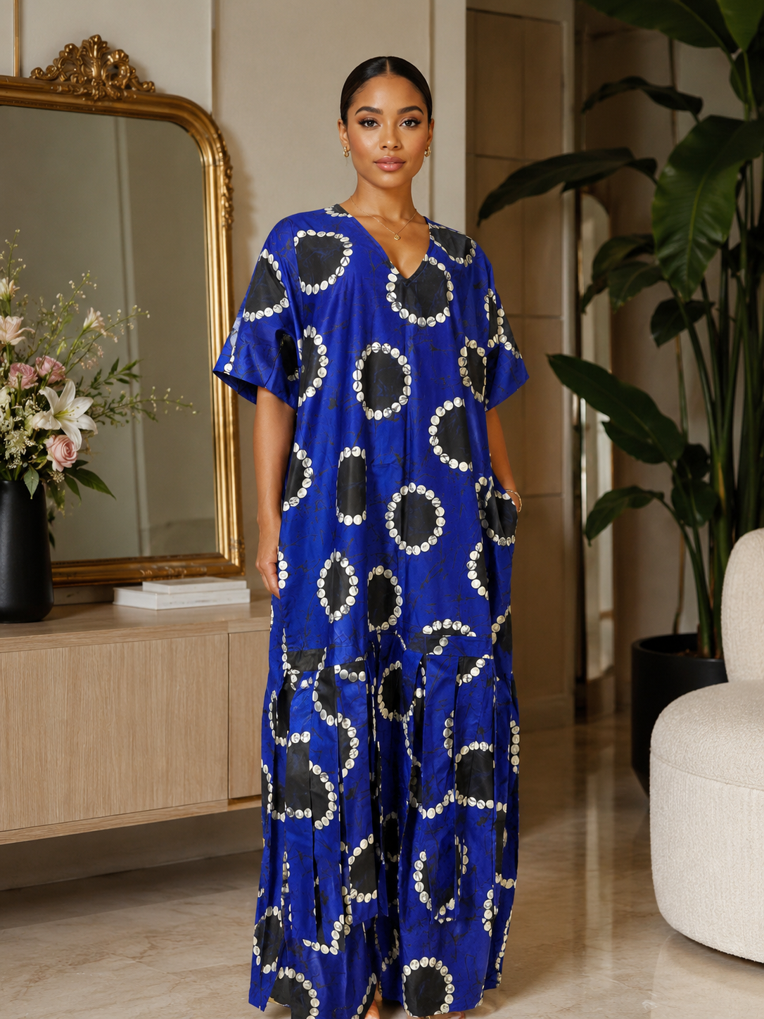 Royal Blue Abstract Print Open Back Oversized Maxi Dress BouBou Kaftan
