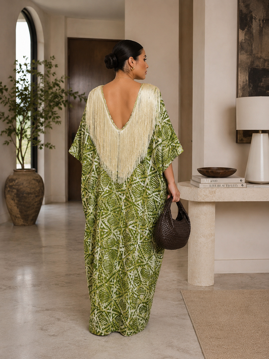 Luxury Green Fringe African Boubou Maxi Dress – Rich Aunty Kaftan for Women Size 8- 16