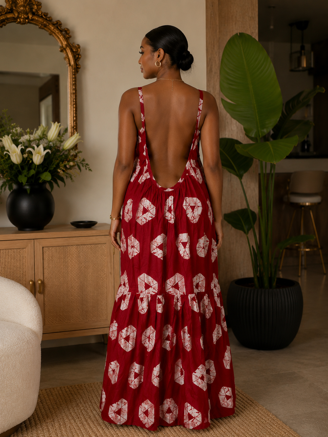 Red African Adire Maxi Dress Low Back– Geometric Print, Strappy Cami, Tiered Hem with Pockets