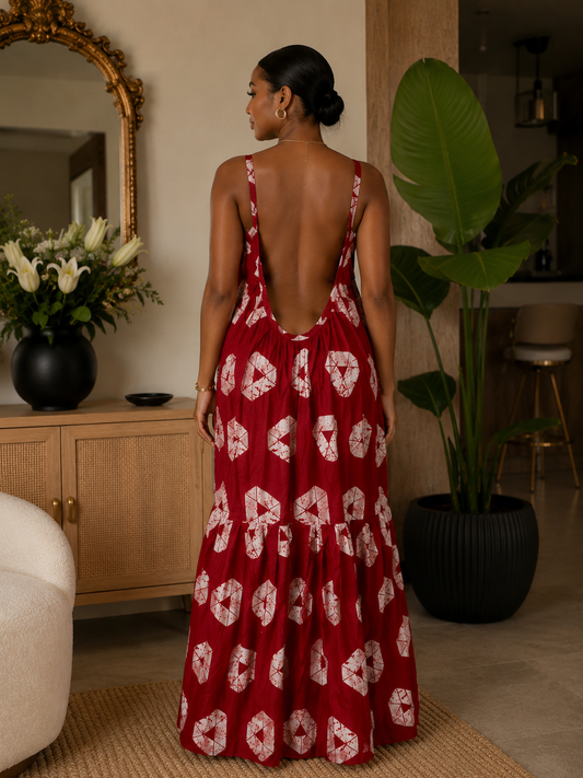 Red African Adire Maxi Dress Low Back– Geometric Print, Strappy Cami, Tiered Hem with Pockets