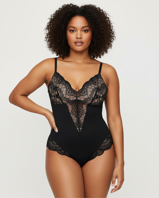 Valentine Date Night Lace- Trimmed Bodysuit In Crimson Romance Black