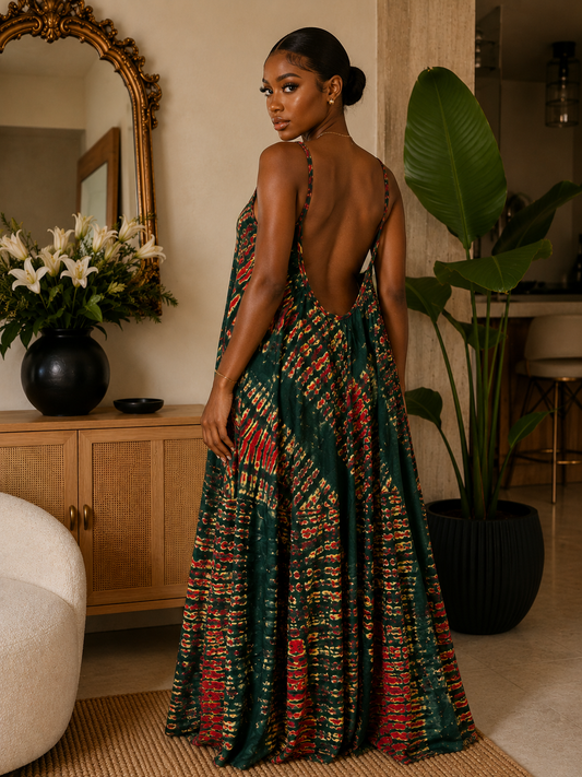 Emerald African Adire Maxi Dress – One Size (8-16) Multicolour Tie-Dye Print, Open Back, Strappy Cami, Tiered Hem with Pockets