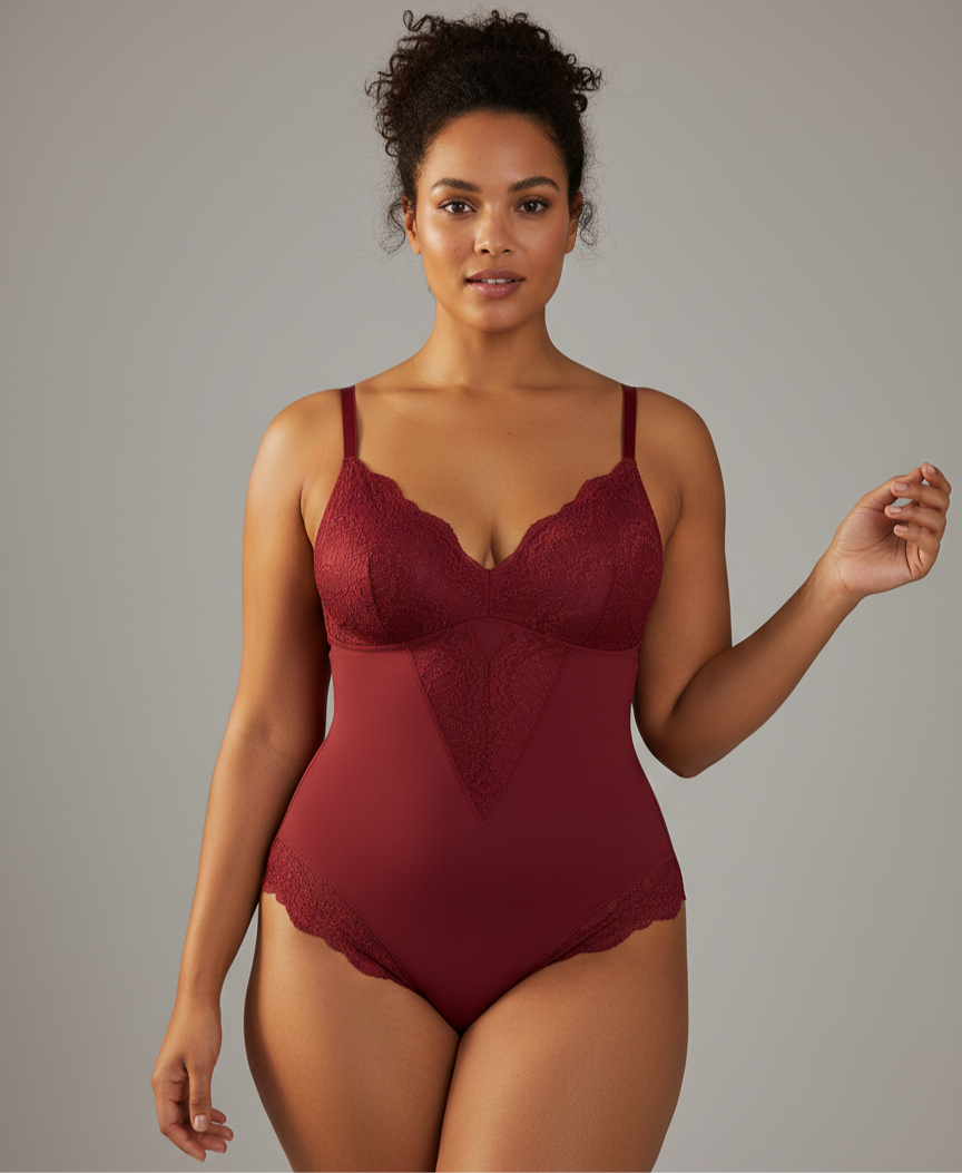 Date Night Lace- Trimmed Bodysuit In Crimson Romance Red