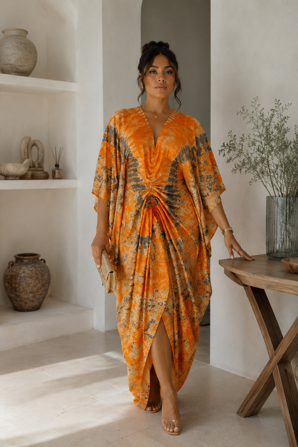 Sunset Muse Ruched African Kaftan BouBou Maxi Dress