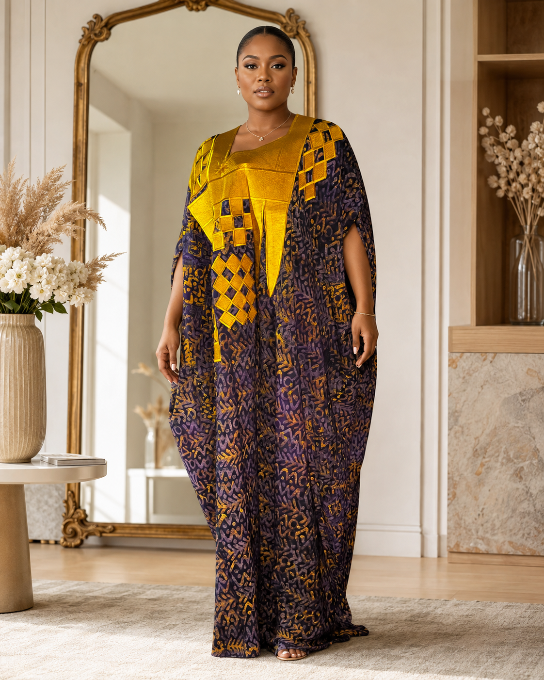 Luxe African Crepe Gold Embroidered Maxi Boubou Kaftan Dress | Elegant Oversized Occasion Wear Size 8-16 Purple