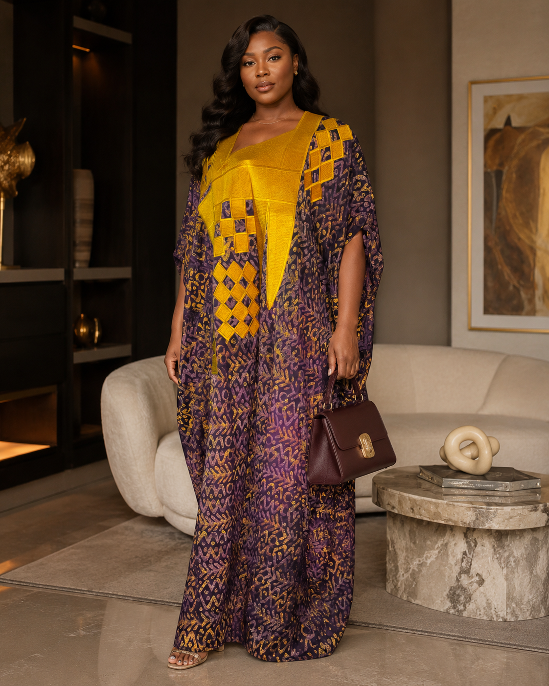 Luxe African Crepe Gold Embroidered Maxi Boubou Kaftan Dress | Elegant Oversized Occasion Wear Size 8-16 Purple