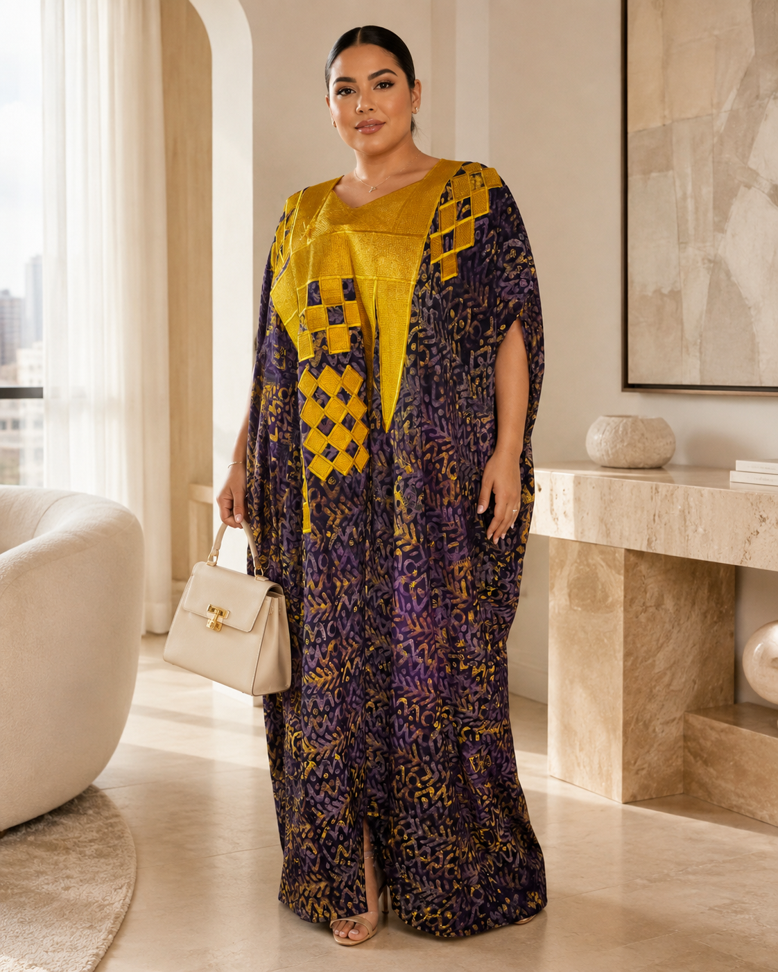 Luxe African Crepe Gold Embroidered Maxi Boubou Kaftan Dress | Elegant Oversized Occasion Wear Size 8-16 Purple