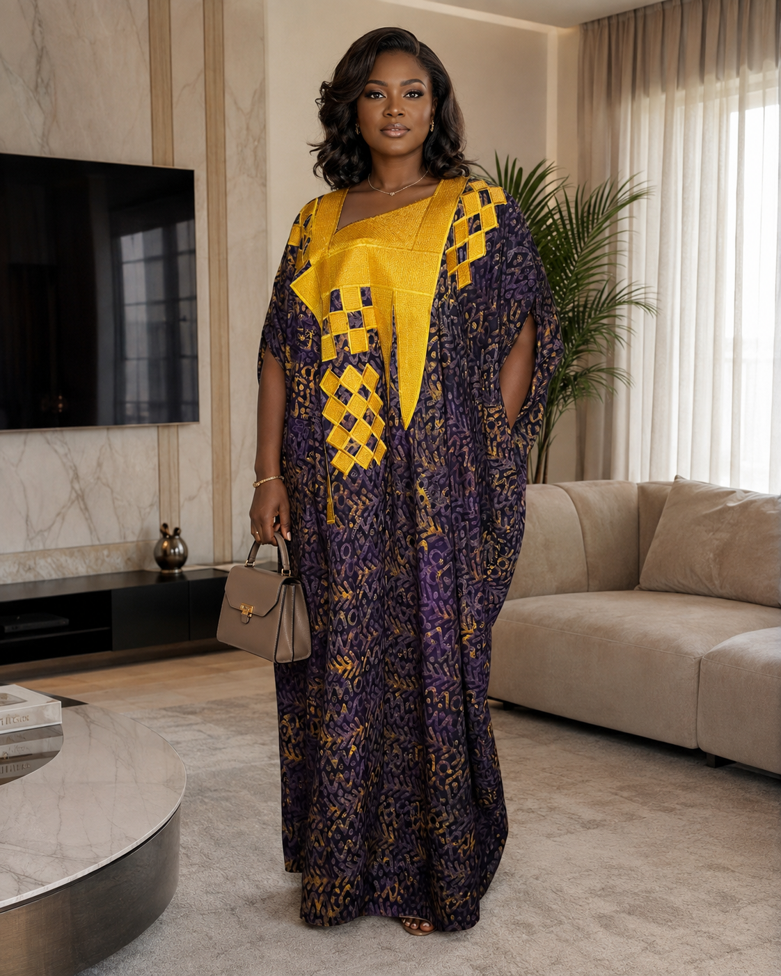 Luxe African Crepe Gold Embroidered Maxi Boubou Kaftan Dress | Elegant Oversized Occasion Wear Size 8-16 Purple