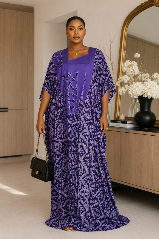 Luxe African Crepe Embroidered Maxi Boubou Kaftan Dress | Elegant Oversized Occasion Wear Size 8-16 Purple