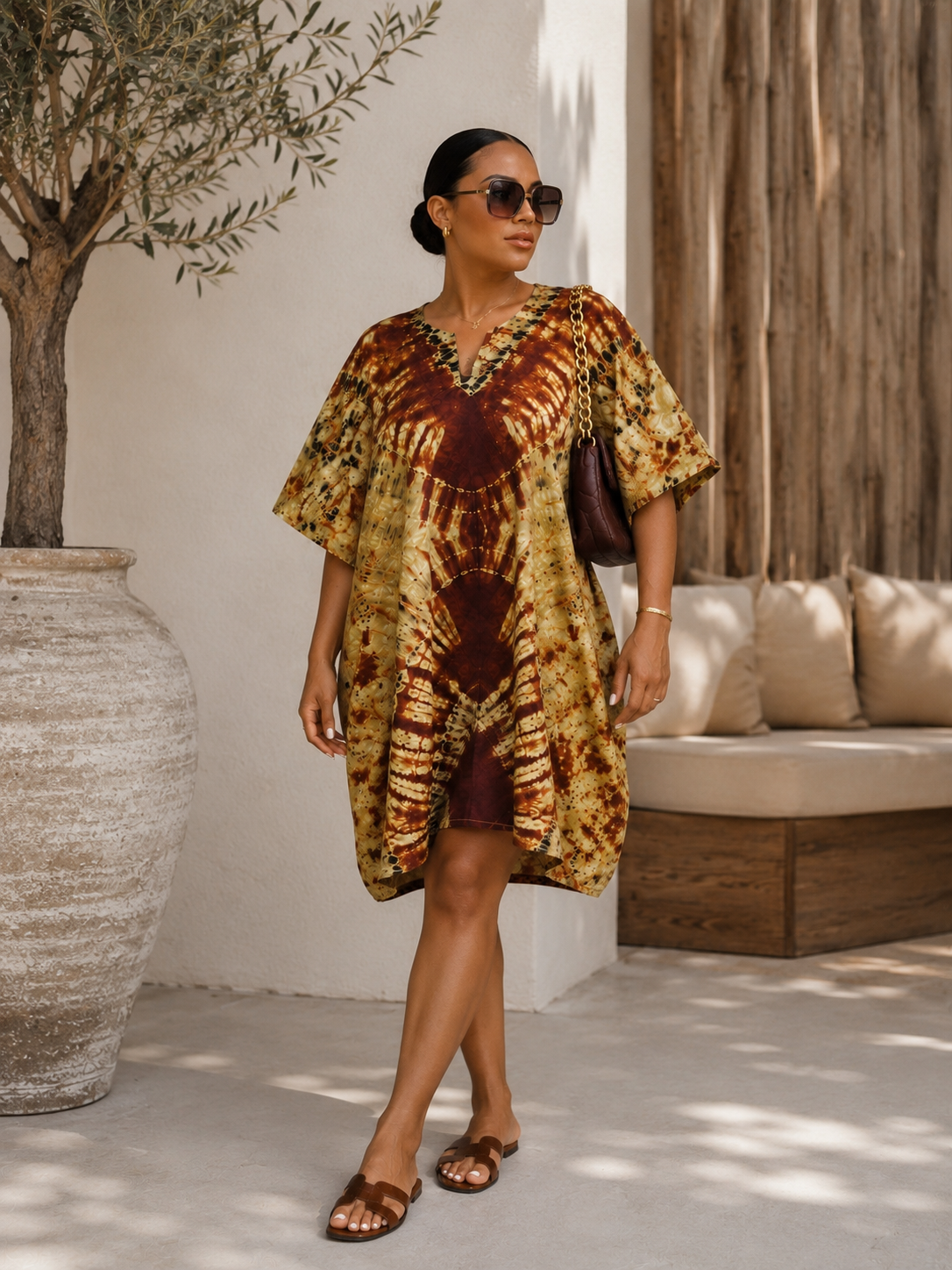 Oversized African Tie Dye Kaftan Dress – Brown Batik Knee Length Loose Fit | Size 8-14