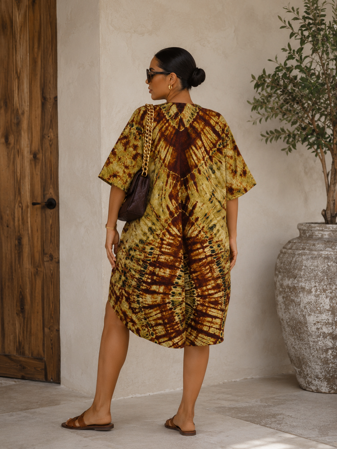 Oversized African Tie Dye Kaftan Dress – Brown Batik Knee Length Loose Fit | Size 8-14