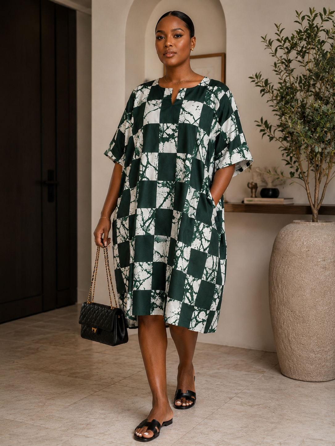 Oversized Green African Tie Dye Checkerboard Kaftan Shift Dress UK 8–14
