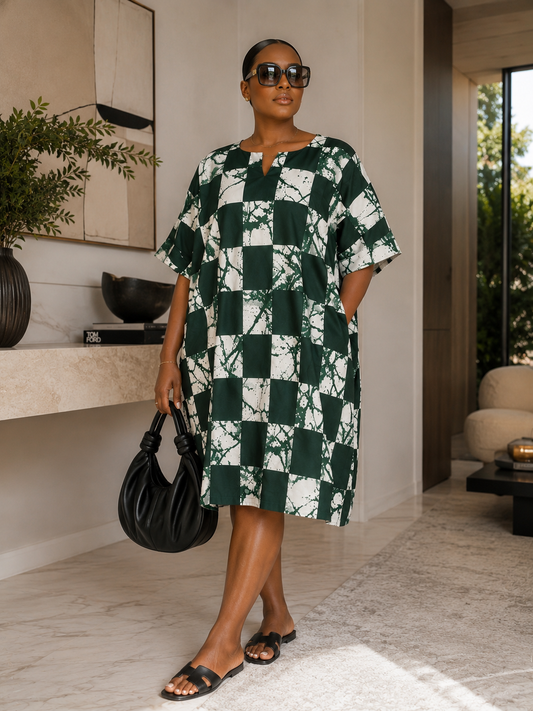 Oversized Green African Tie Dye Checkerboard Kaftan Shift Dress UK 8–14
