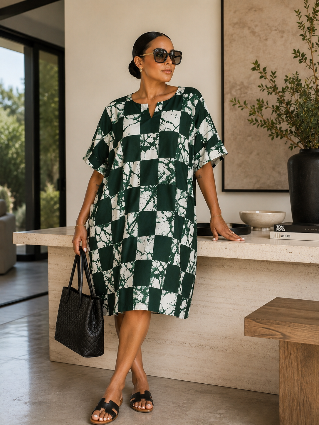 Oversized Green African Tie Dye Checkerboard Kaftan Shift Dress UK 8–14